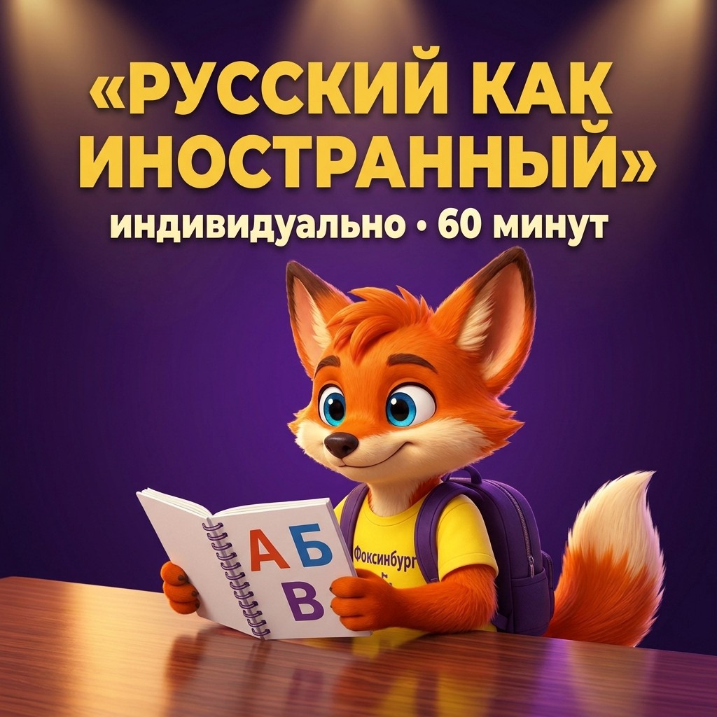 Фокси, маскот школы Фоксинбург, на карточке занятий русским как иностранным